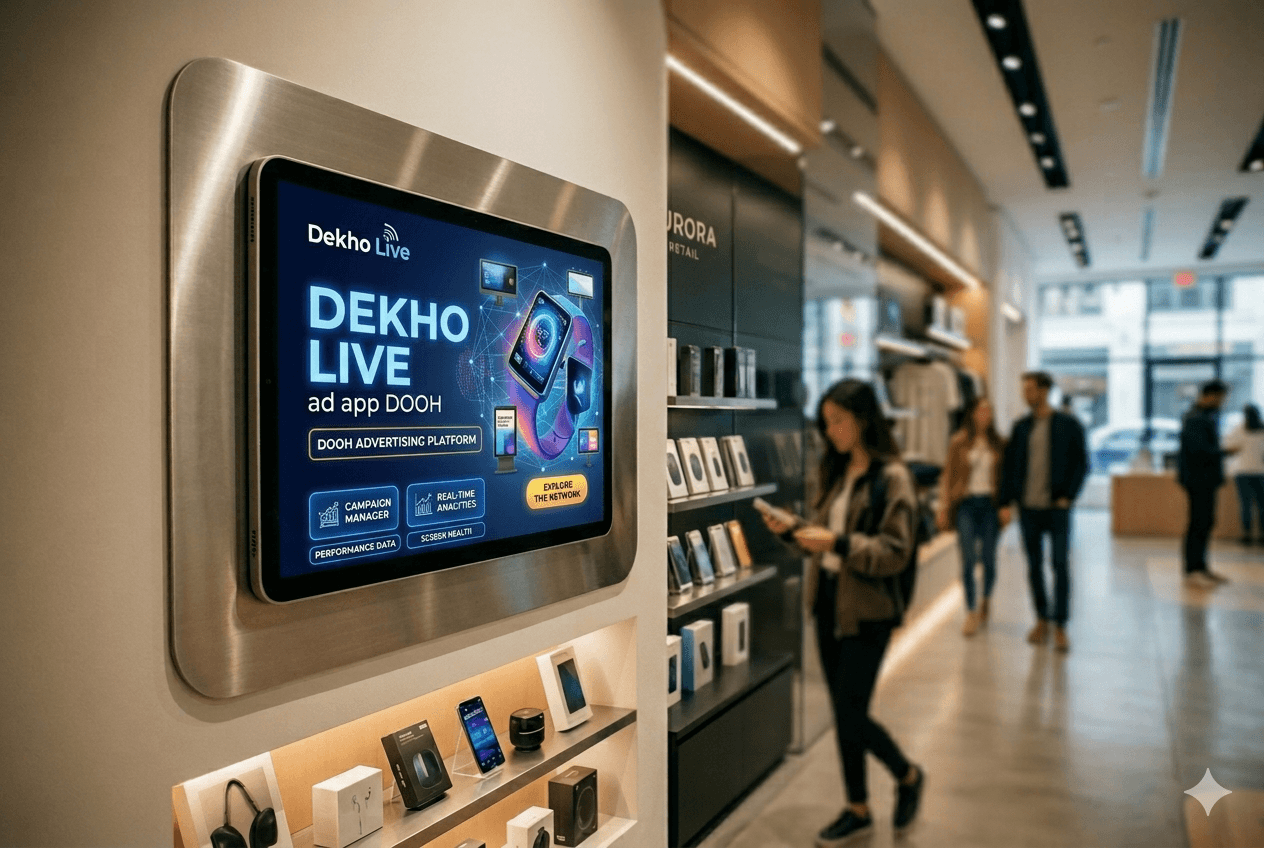 Dekhoo Live screen showing ads in a retail store